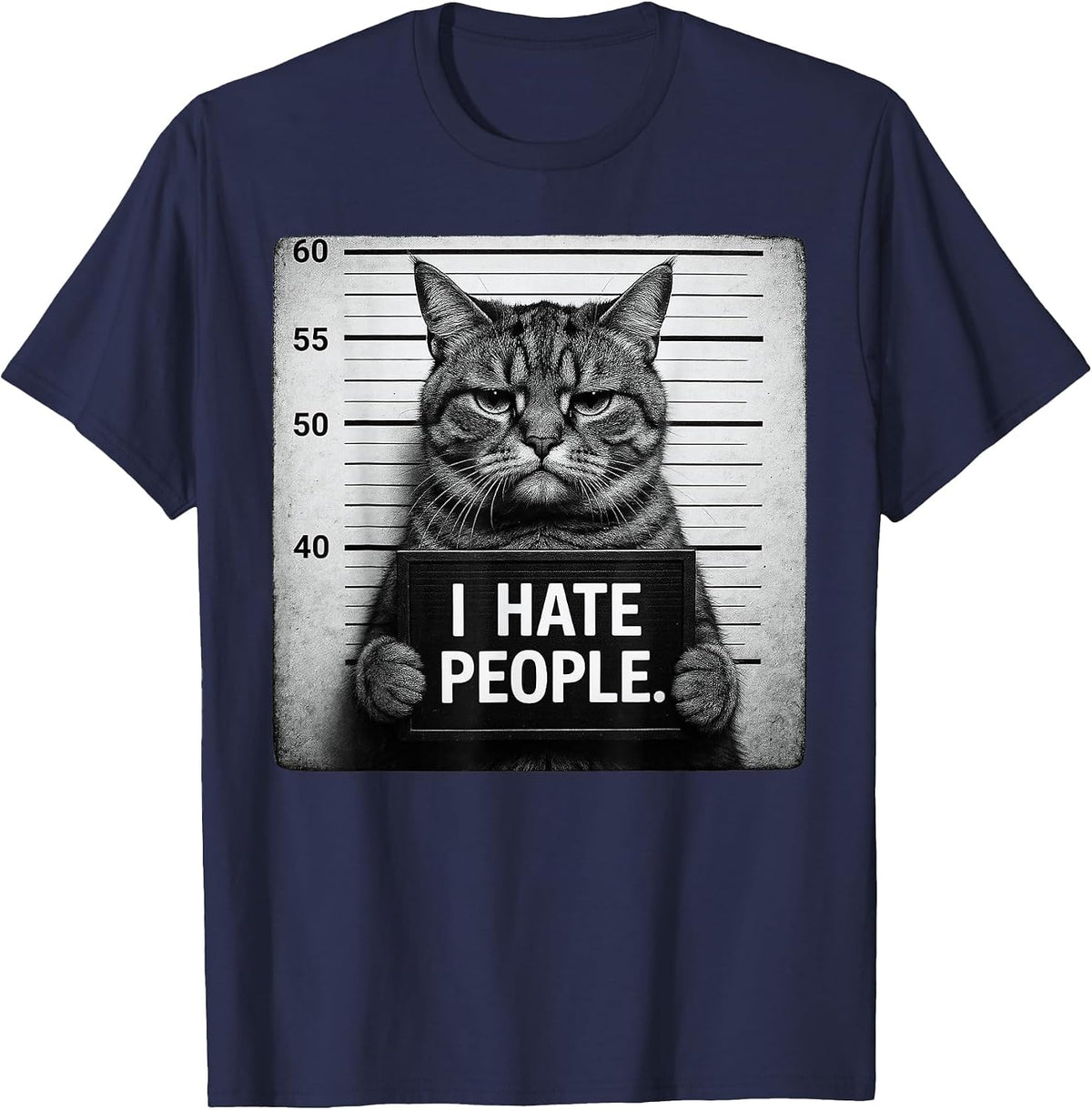 Funny Grumpy Tabby Moody Cat I Hate People T-Shirt - Navy Blue