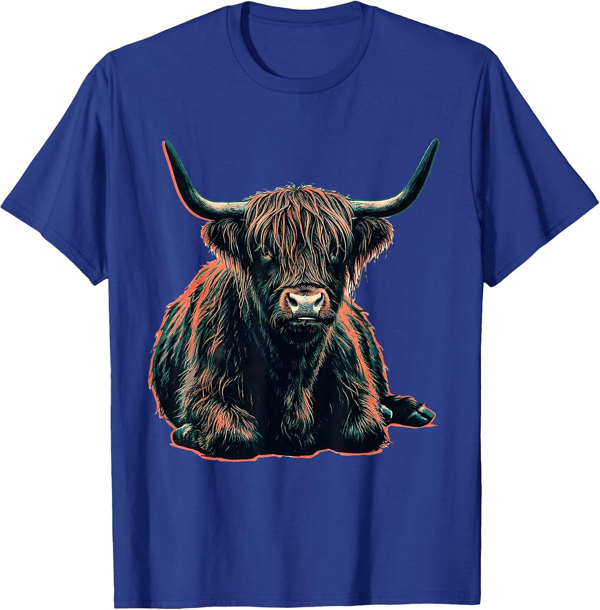 Highland Cow Risograph Farm Animal Humor Novelty T-Shirt - Royal Blue