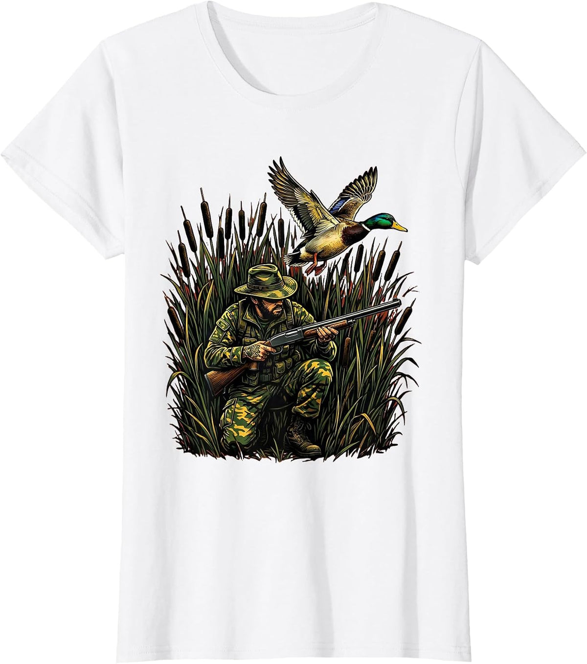 Duck Hunter Crouching in Tall Reeds Illustration T-Shirt - White