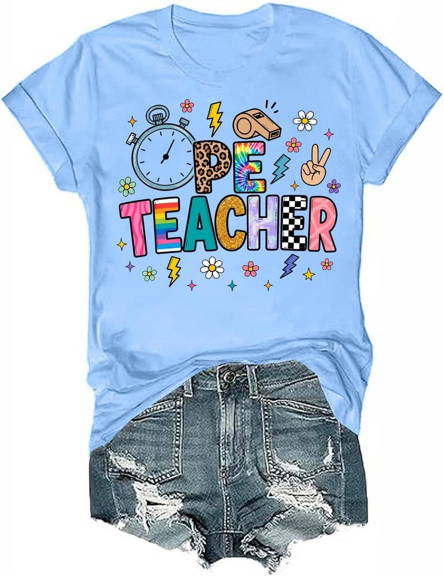 PE Teacher Shirt Funny Physical Education School Sports T-Shirt for Women - Crewneck Carolina Blue
