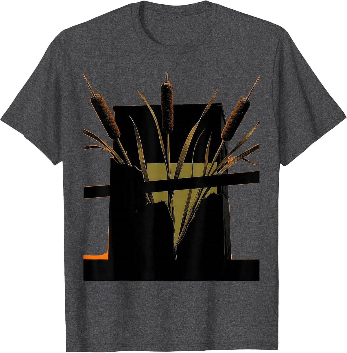 Camo Duck Blind Cattails and Reeds Illustration T-Shirt - Dark Heather Grey