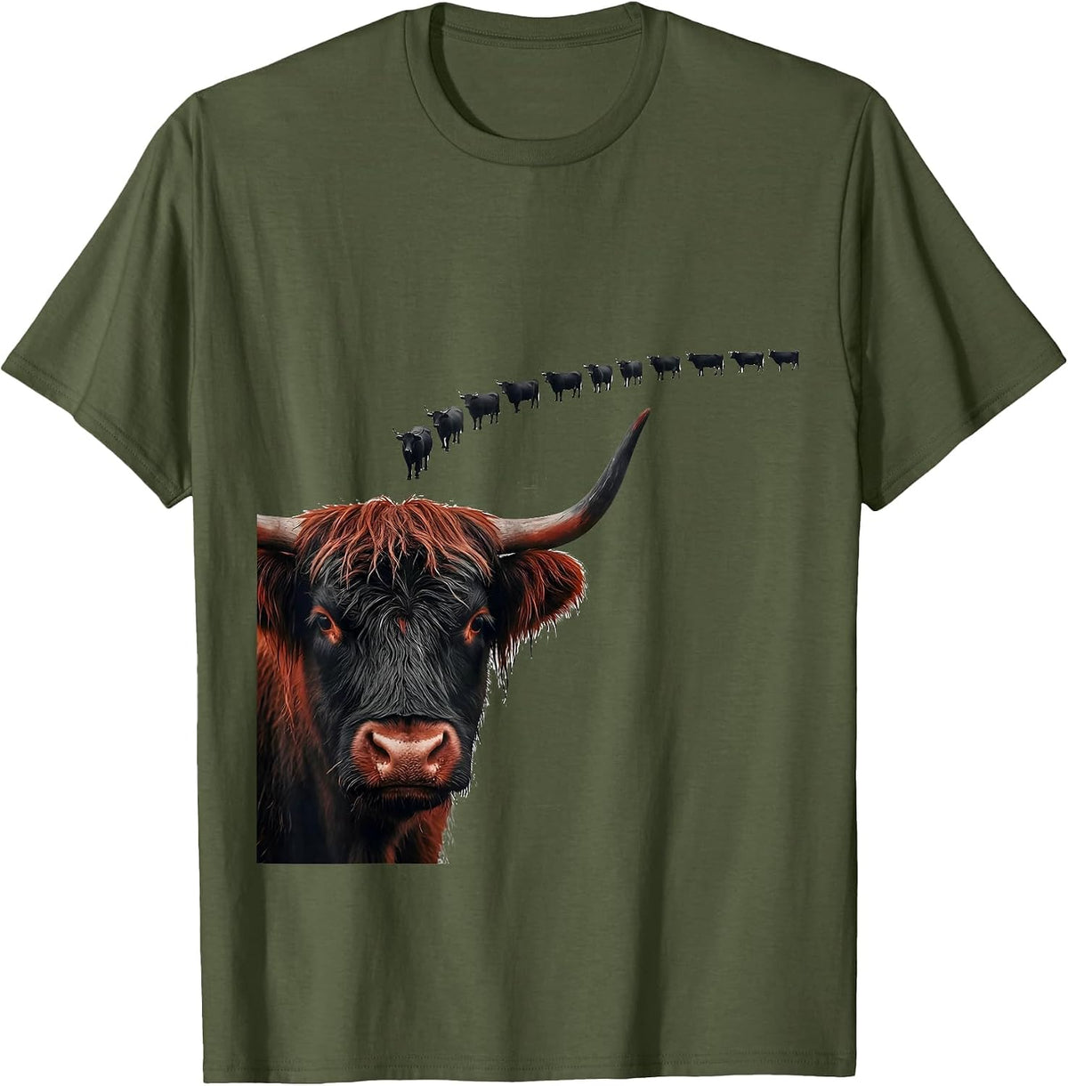 Men's Highland Cow Minimalist Farm Animal Humor T-Shirt - Olive Green