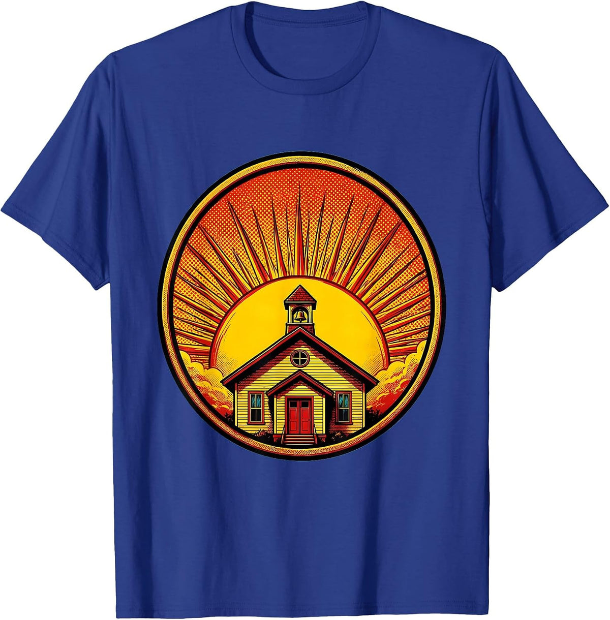 Friyay Teacher Sunset Schoolhouse Graphic T-Shirt - Royal Blue