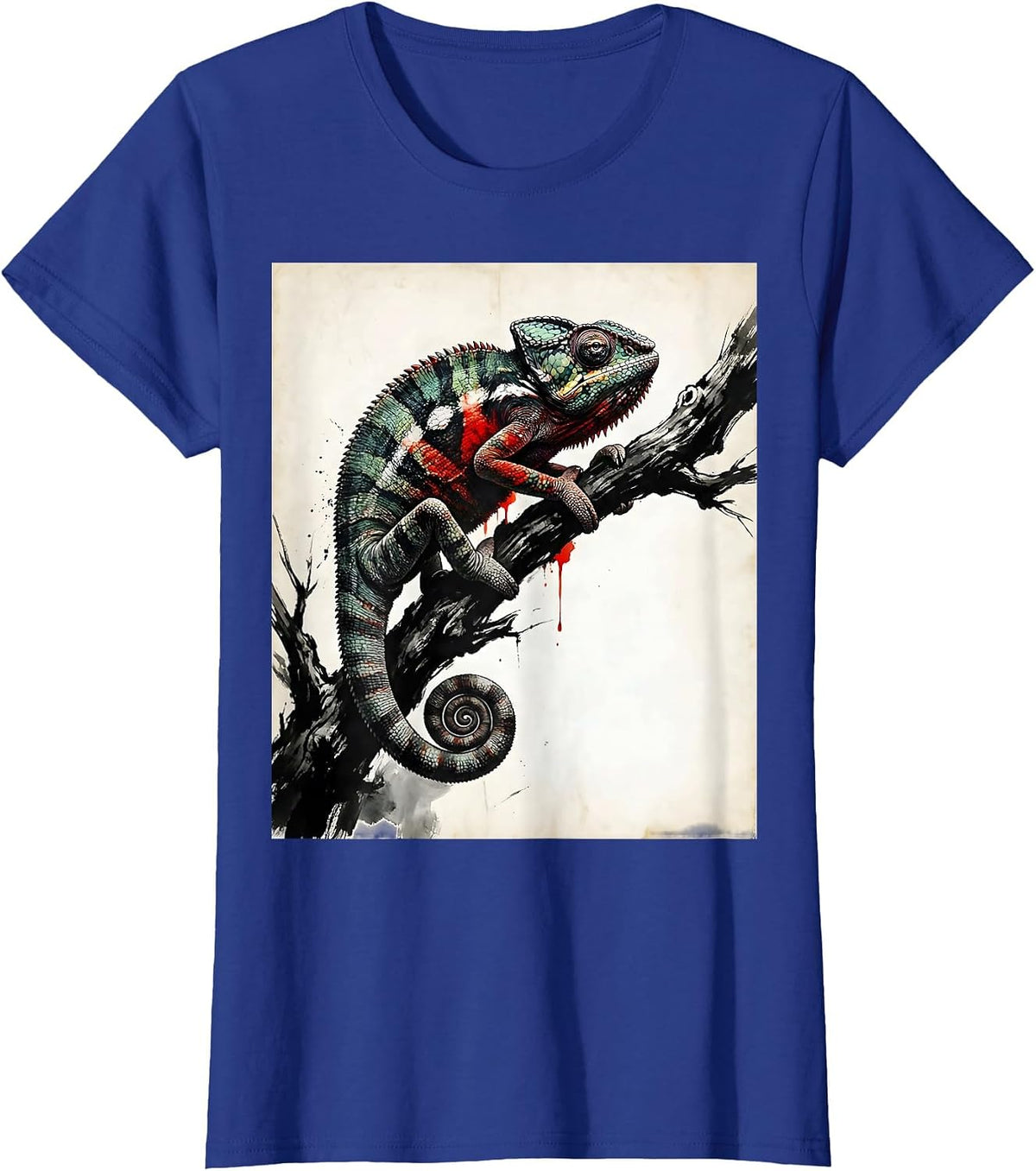 Women's Chameleon on Branch Vibrant Color Change Art T-Shirt - Royal Blue