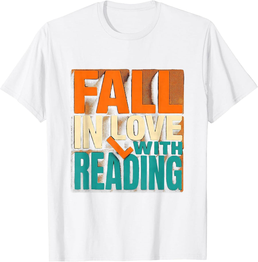Men's Fall In Love With Reading Risograph Teacher Book Lover T-Shirt - White