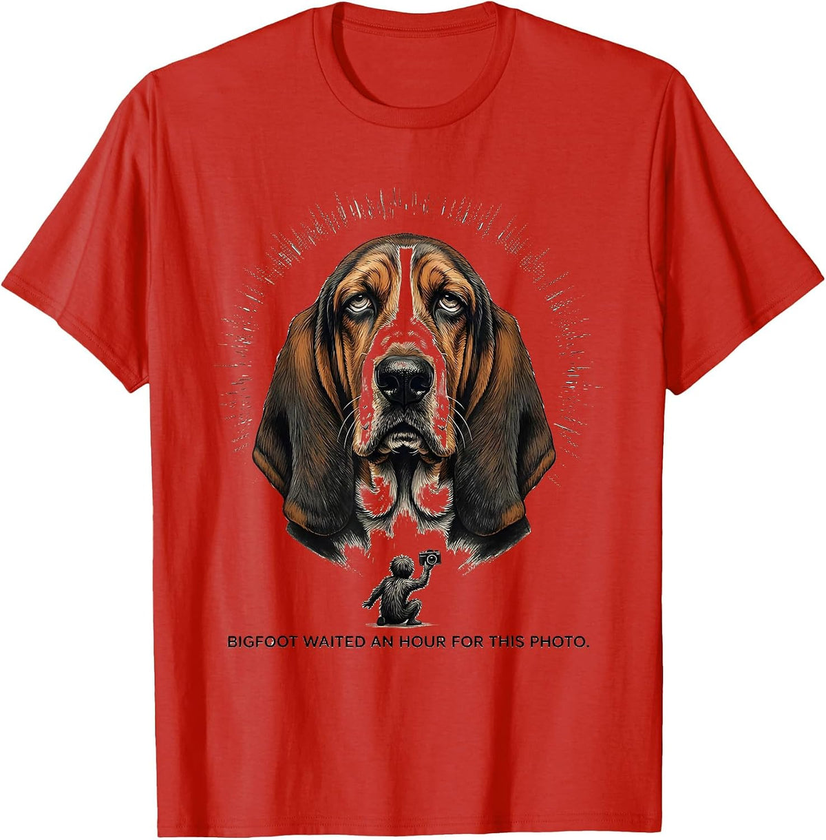 Men's Bigfoot Waited An Hour For This Photo Funny Basset Hound Dog T-Shirt - Red