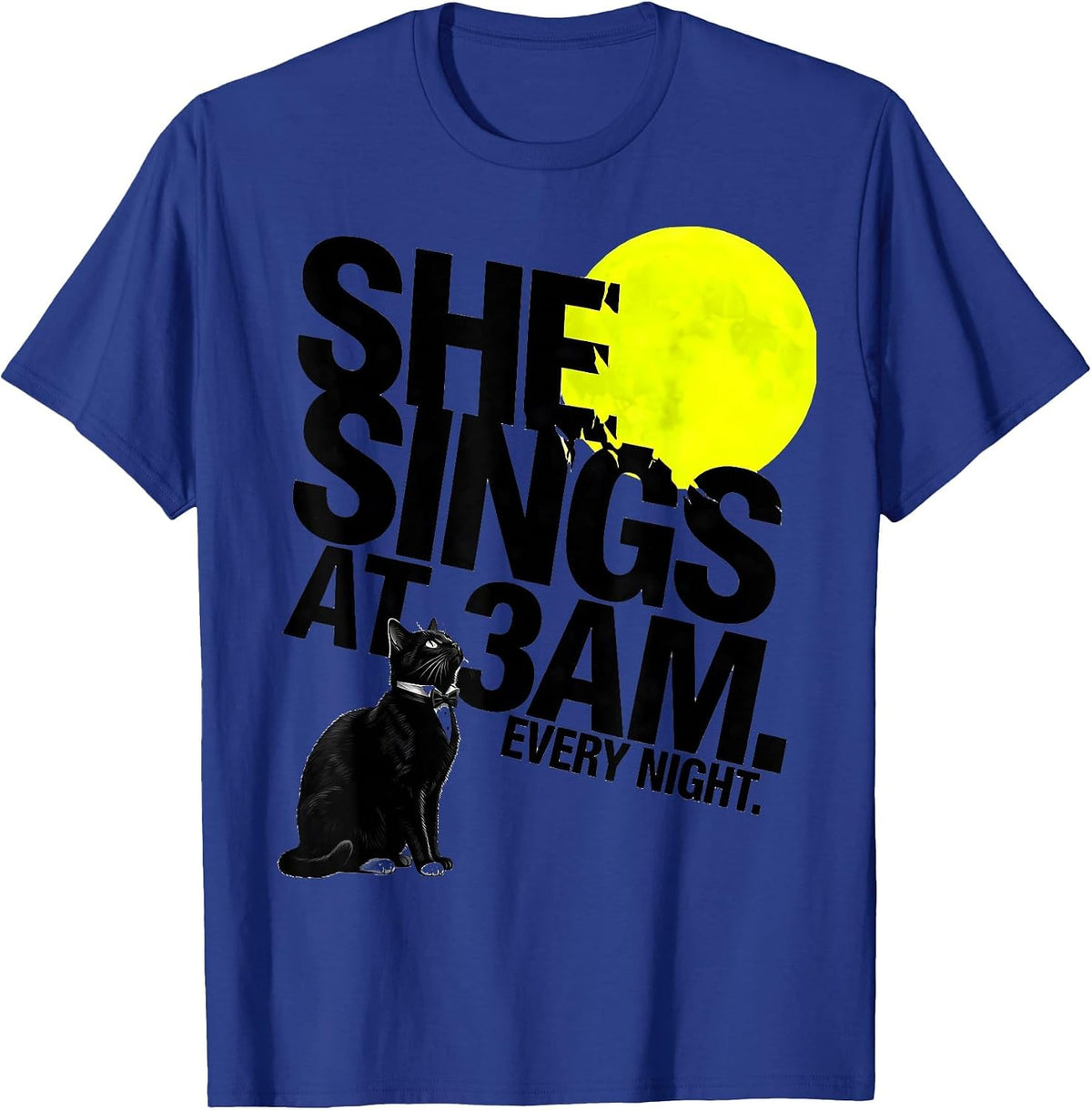 Men's She Sings At 3AM Every Night Tuxedo Cat Howling At Moon 90s T-Shirt - Royal Blue