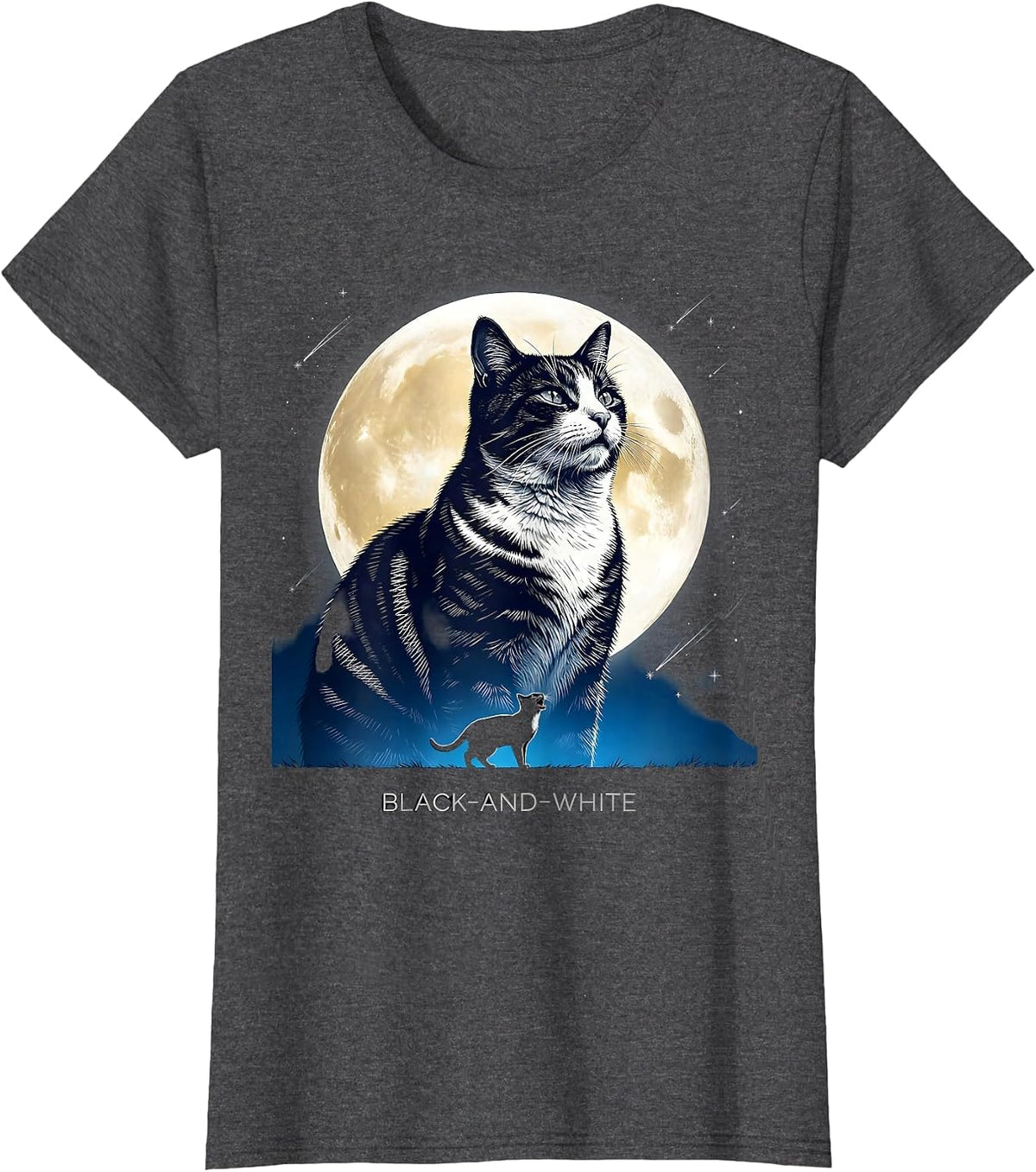 Women's Black-and-White Cosmic Tuxedo Cat Howling at Moon T-Shirt - Dark Heather Grey