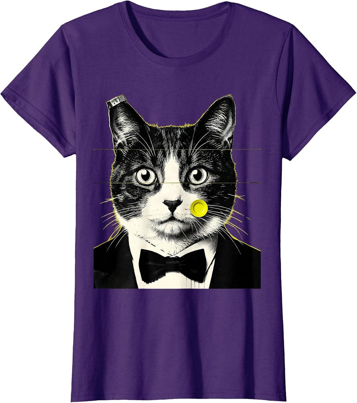 Women's Monumental Tuxedo Cat UFO Screenprint Poster Novelty T-Shirt - Purple