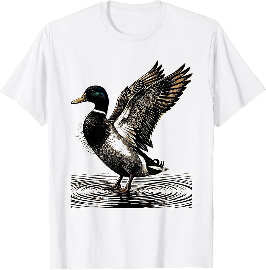 Men's Camo Mallard Duck Landing on Still Water T-Shirt - White