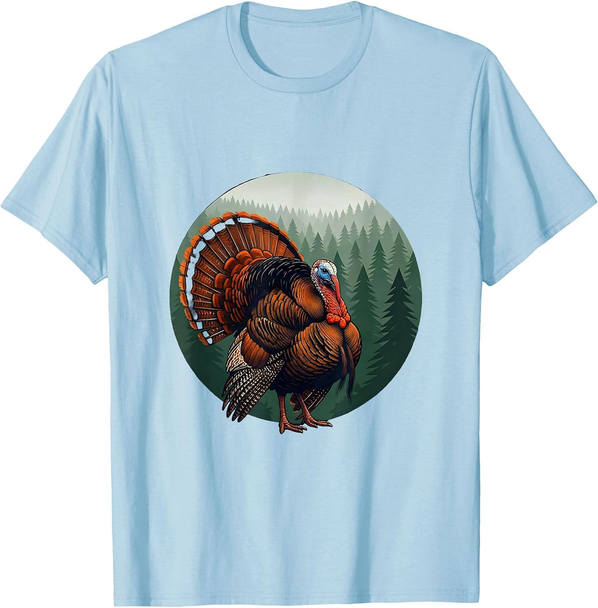 Men's Turkey Strutting Through Pine Forest Illustration T-Shirt - Baby Blue
