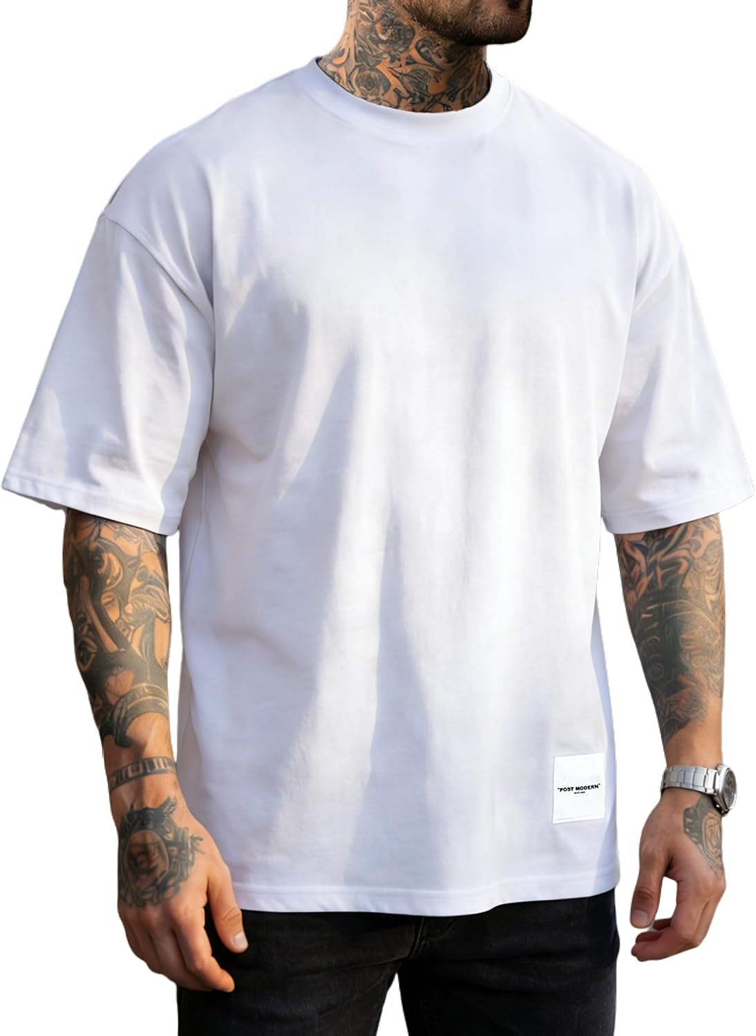 Men's Fashion Oversized T-shirts Short Sleeve Workout Casual Gym Tee - White