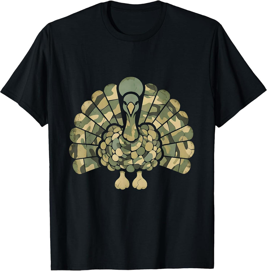 Camo Turkey Feather Fan Hunting Design T-Shirt, Men, Black, 3X-Large - As Pictured