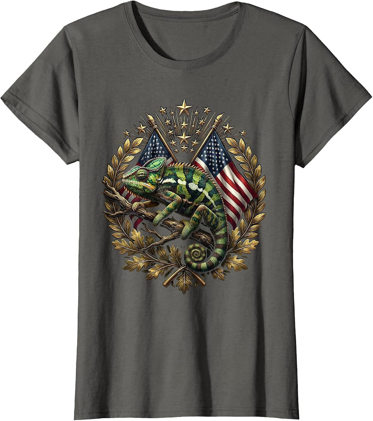 Women's Chameleon Camouflage Leafy Branch Illustration T-Shirt - Asphalt Grey