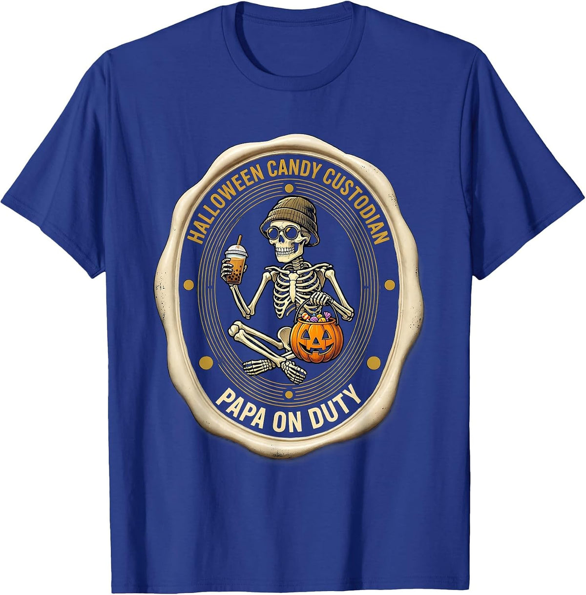 Men's Halloween Candy Custodian — Papa On Duty Skeleton T-Shirt - Royal Blue