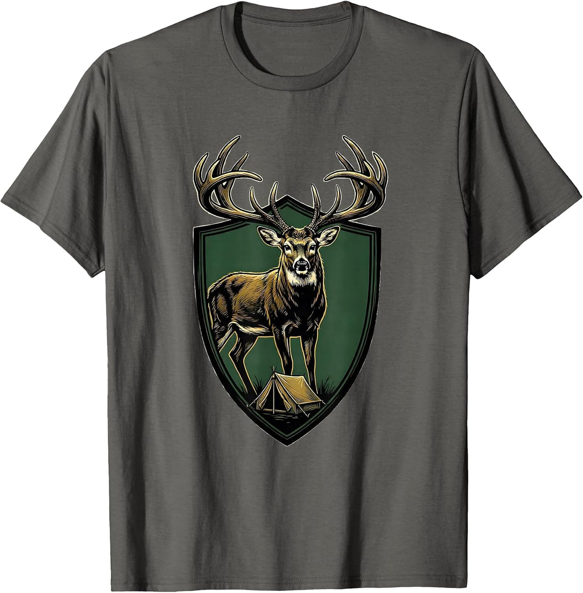 Whitetail Buck Emblem Hunting Camp Dad Humor T-Shirt - Asphalt Grey