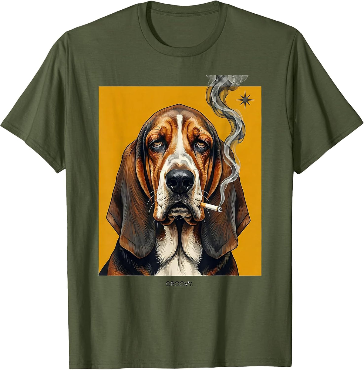 Groovy Midcentury Modern Basset Hound Stoner Cannabis Humor T-Shirt - Olive Green