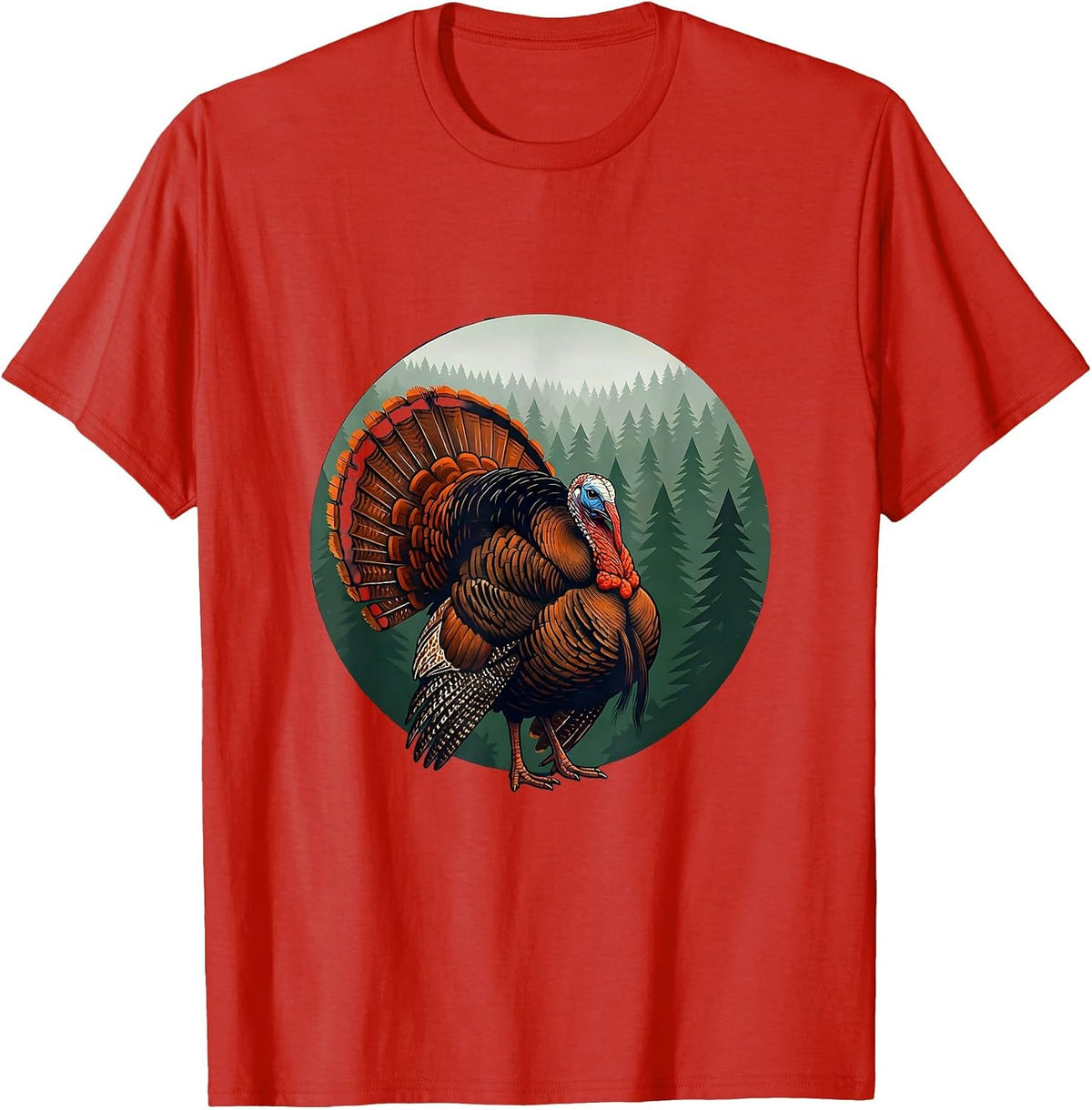 Men's Turkey Strutting Through Pine Forest Illustration T-Shirt - Red