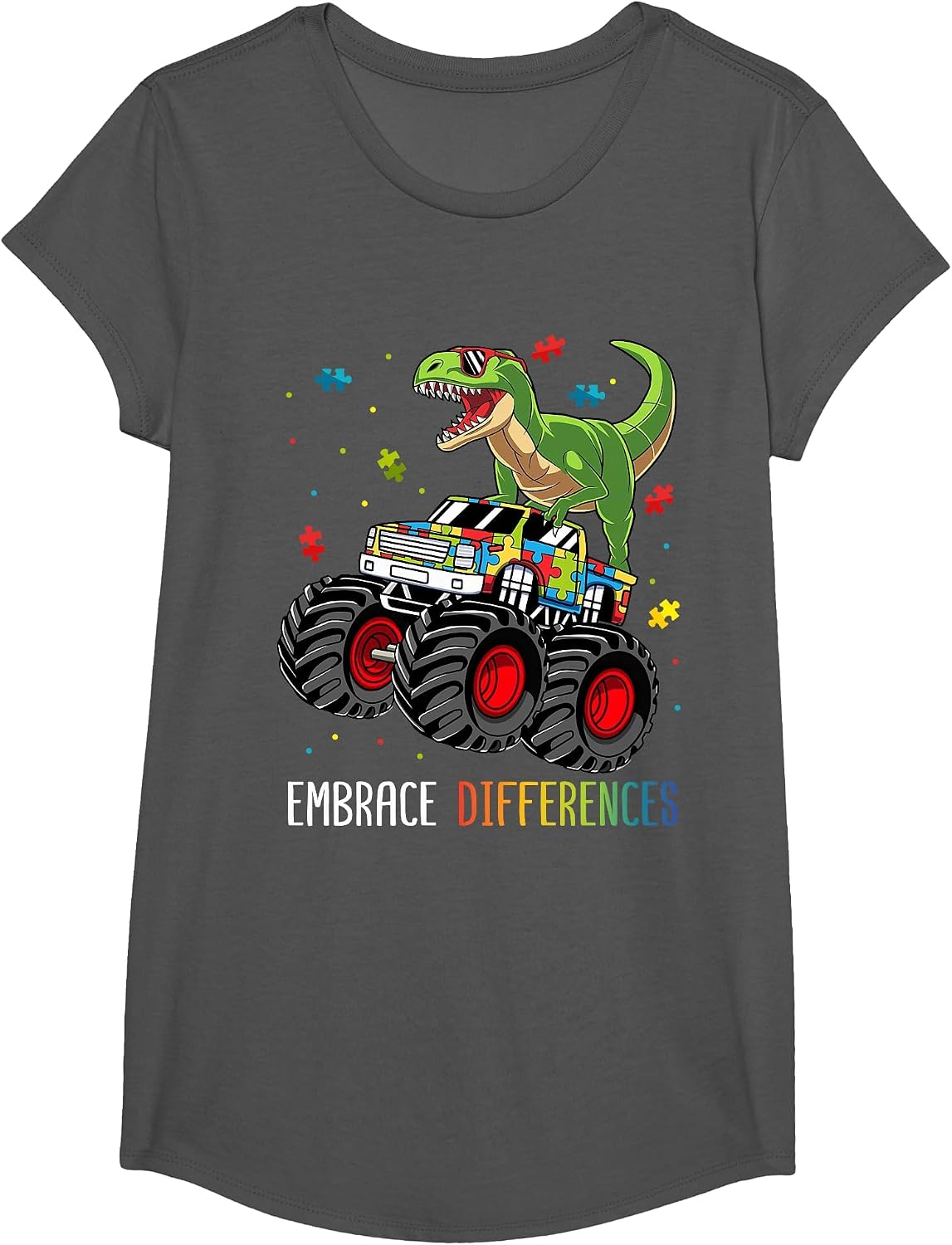 Autism Awareness T-Rex Monster Truck Embrace Differences T-Shirt - Girls Asphalt Grey