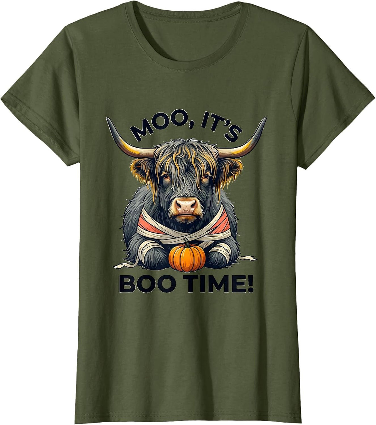 Women's Moo, It's Boo Time! Whimsical Highland Cow Halloween Fall T-Shirt - Olive Green