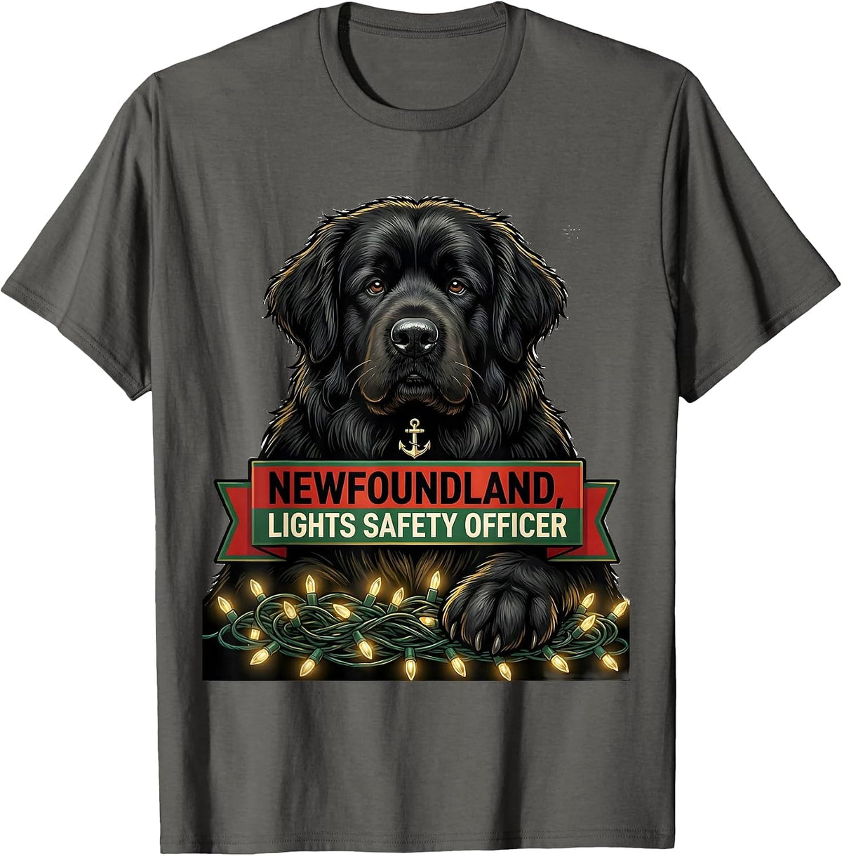 Newfoundland Lights Safety Officer Funny Christmas Dog Breed T-Shirt - Asphalt Grey