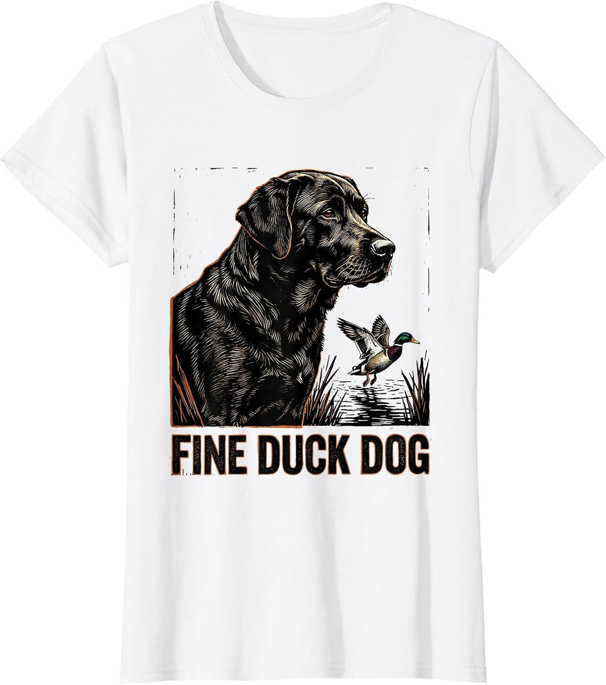 Fine Duck Dog Linocut Labrador Hunting Dog Vintage Badge T-Shirt - White