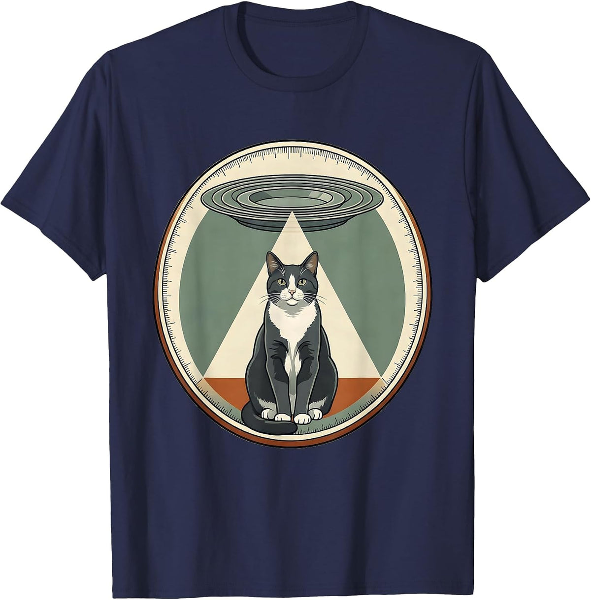 Tuxedo Cat UFO Abduction Funny Pet Lover Gift T-Shirt - Navy Blue