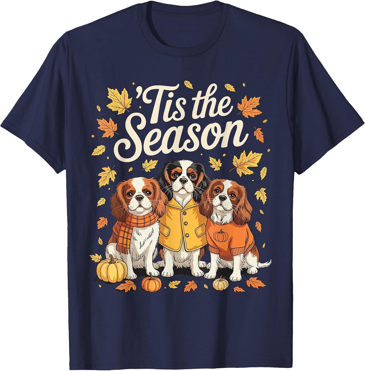 Tis The Season Cavalier King Charles Spaniel Autumn Pumpkin T-Shirt - Navy Blue