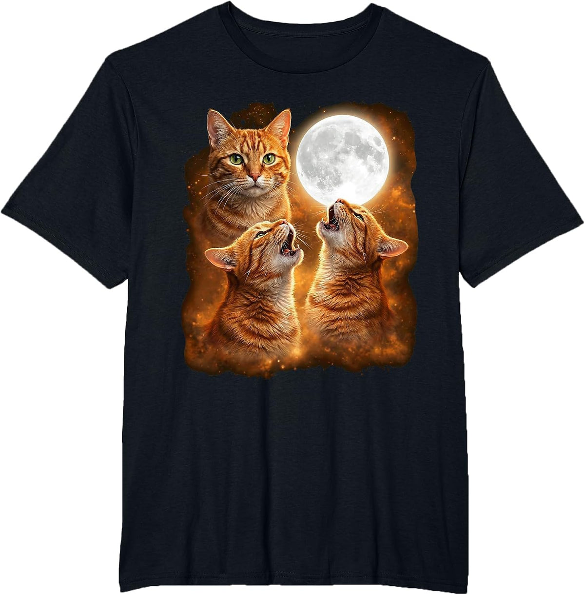 Orange Tabby Cat Howling Moon Design Funny Tabby Cat Meme T-Shirt - Black