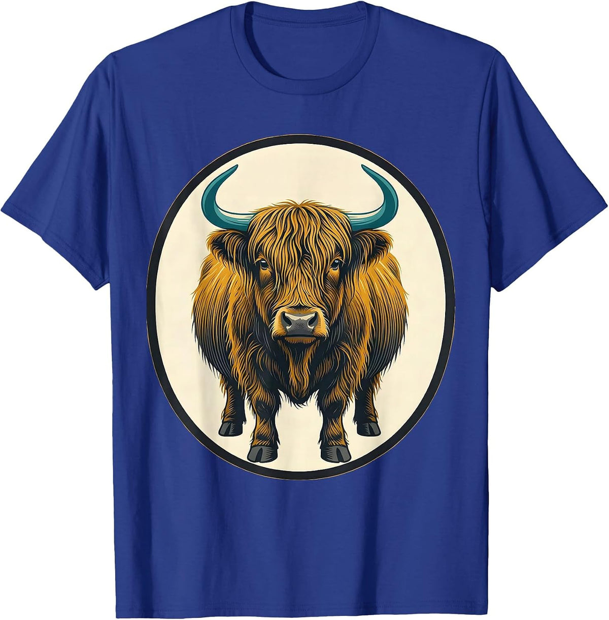 Sealed Highland Cow Badge Midcentury Modern Animal Lover T-Shirt - Royal Blue