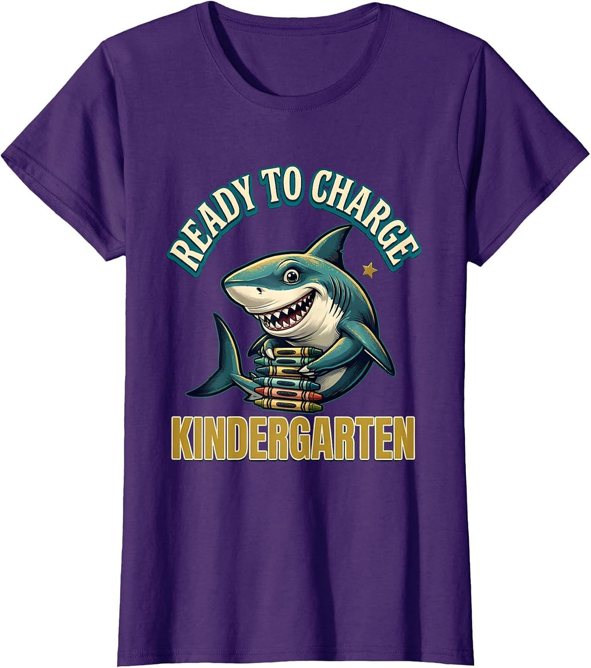 Women's Ready To Charge Kindergarten Funny Shark Back to School Kids T-Shirt - Purple