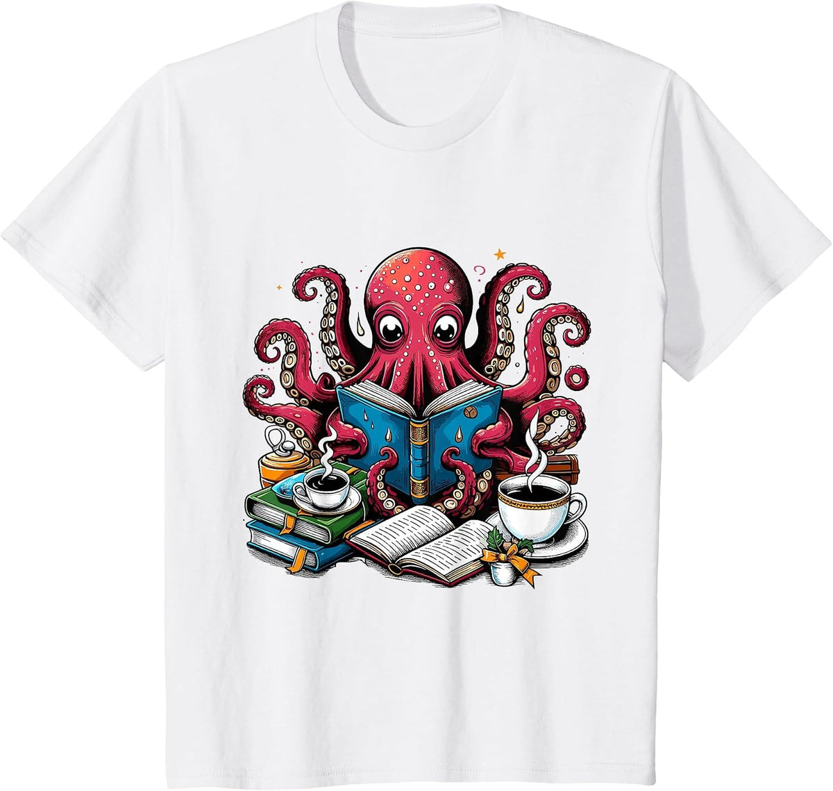 Octopus Reading Book Coffee Lover Bookaholic Bookworm Reader T-Shirt - White