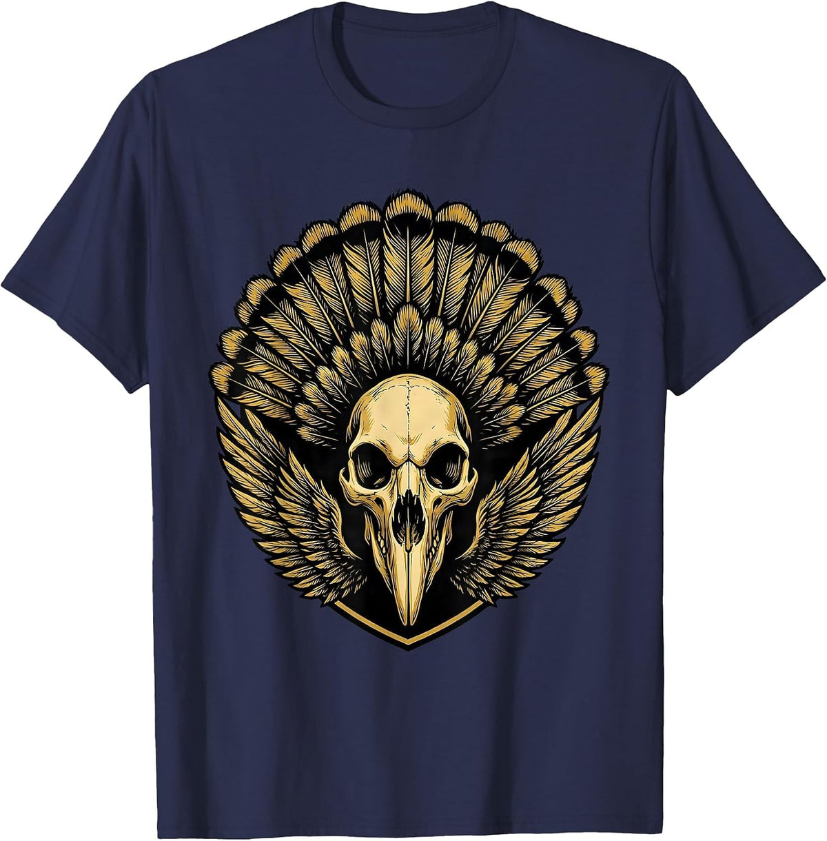 Turkey Skull with Feather Headdress Illustration T-Shirt - Navy Blue