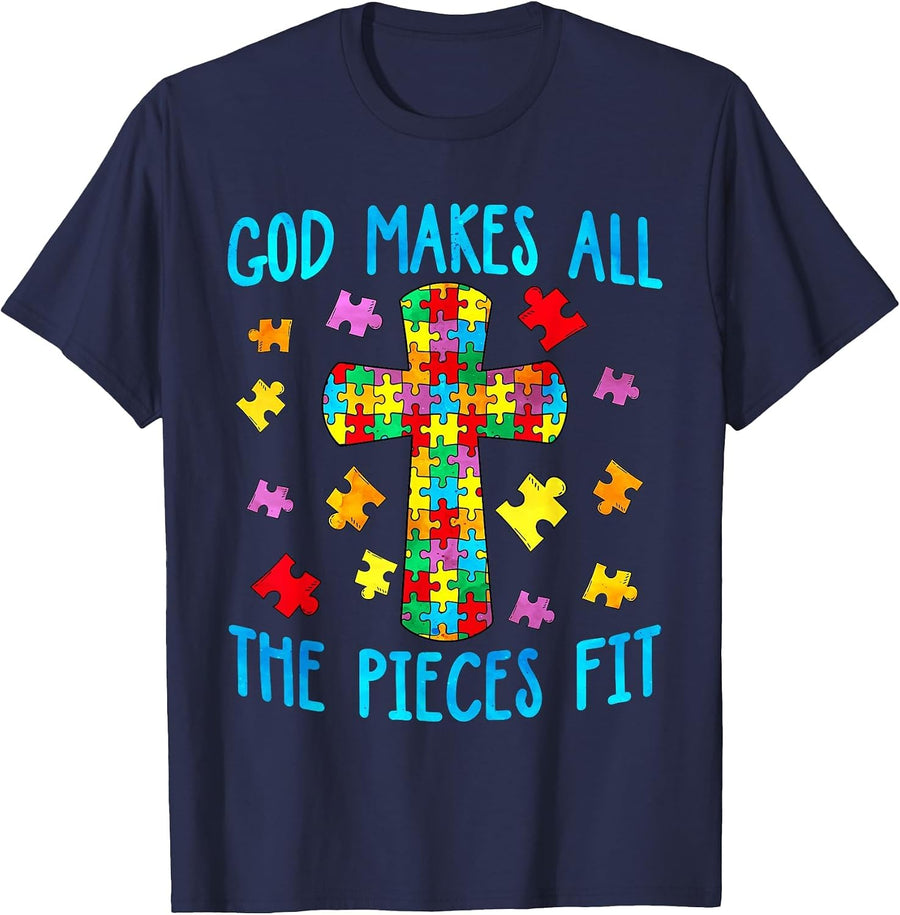 God Makes The Pieces Fit, Cross, Christian Autism Awareness T-Shirt - Navy Blue