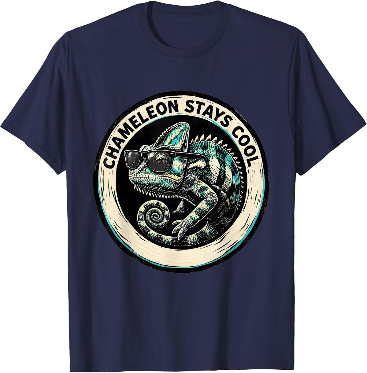 Chameleon Stays Cool Linocut Funny Animal Lover Novelty T-Shirt - Navy Blue