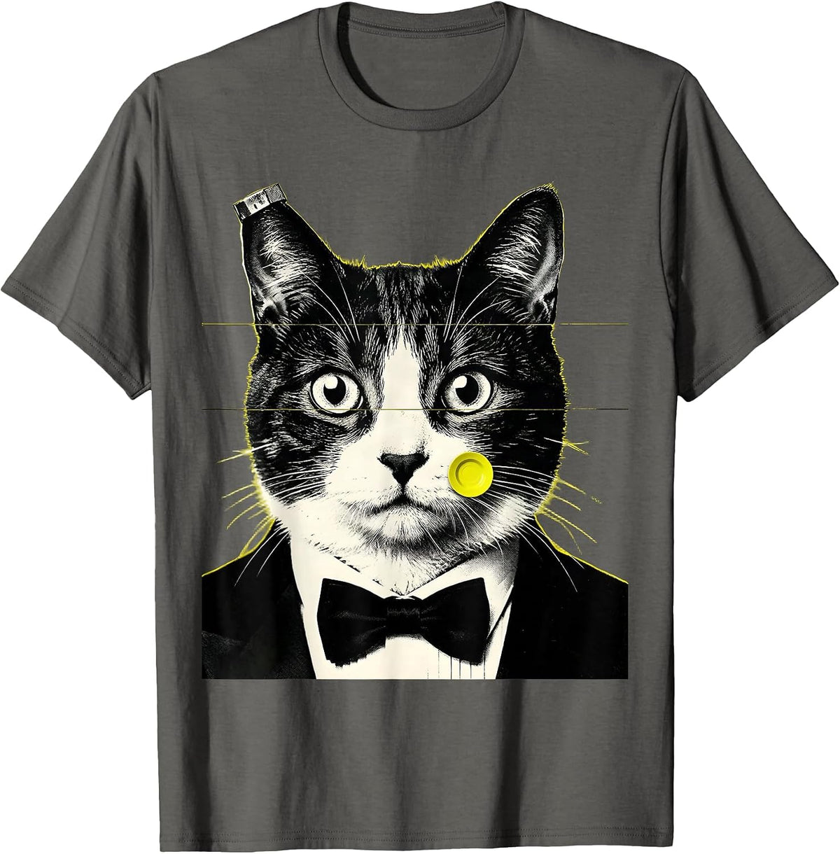 Men's Monumental Tuxedo Cat UFO Screenprint Poster Novelty T-Shirt - Asphalt Grey