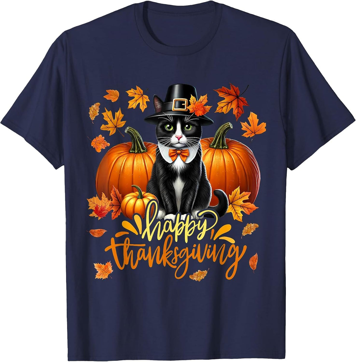 Cool Thanksgiving Cat Turkey Pilgrim Hat Pumpkin Tuxedo Cat T-Shirt - Navy Blue