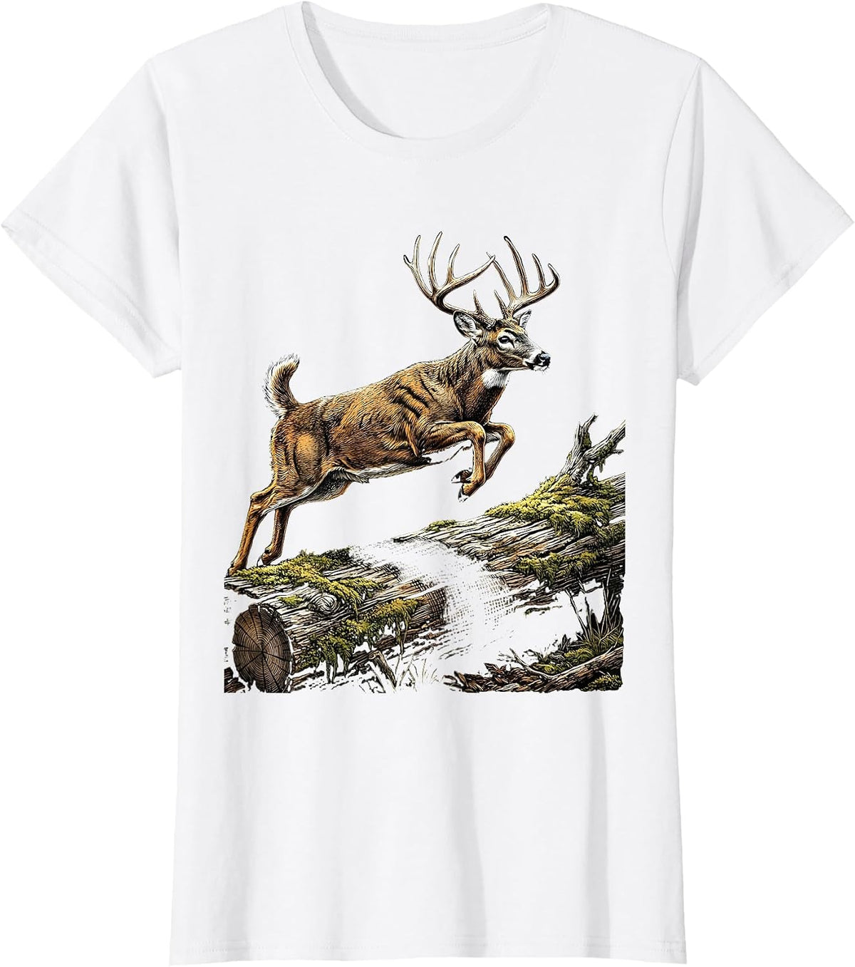Whitetail Buck Leaping Over Fallen Log Design T-Shirt - White