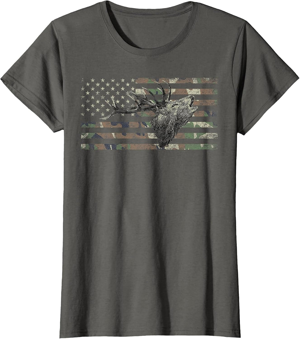 Deer Hunting Camo American Flag Buck Calling Hunter Country T-Shirt - Asphalt Grey