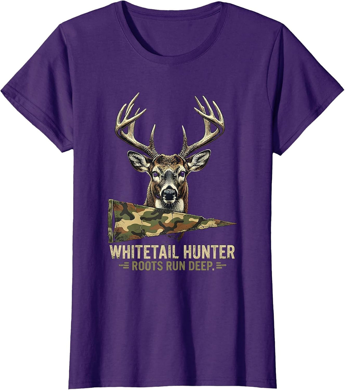 Women's Whitetail Hunter Roots Run Deep Distressed Camo Dad Humor T-Shirt - Purple