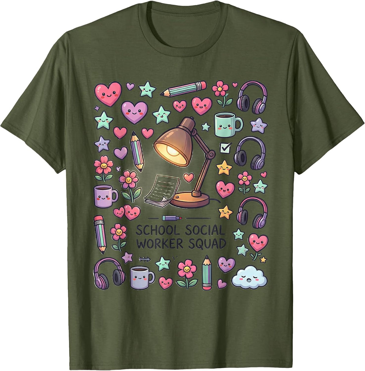 School Social Worker Squad Kawaii Stationery Doodle Staff T-Shirt - Olive Green