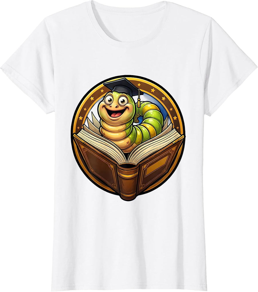 Women's English Teacher Bookworm Curled Inside Giant Novel T-Shirt - White
