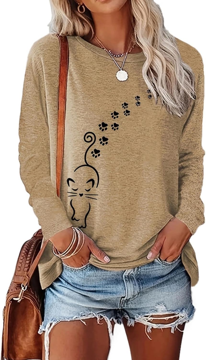 Women's Long Sleeve tees Cat Mom Graphic Tee Shirts Pullover Tops - Khaki