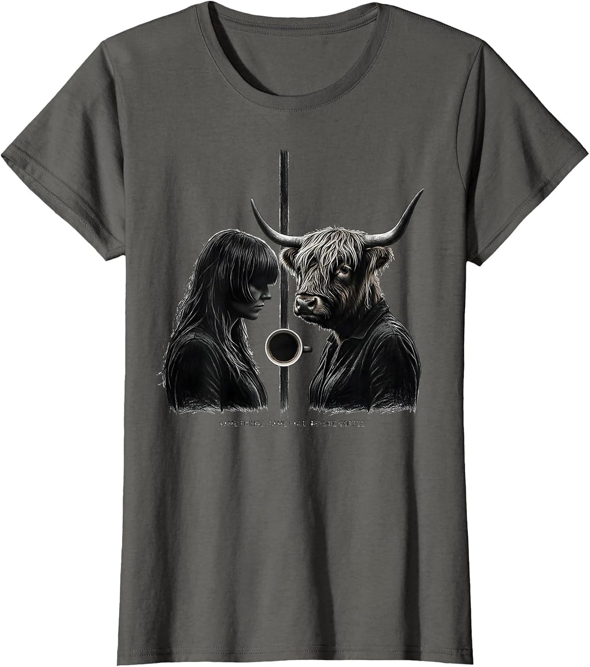 Women's Same Fringe Same Face Before Coffee Funny Highland Cow T-Shirt - Asphalt Grey