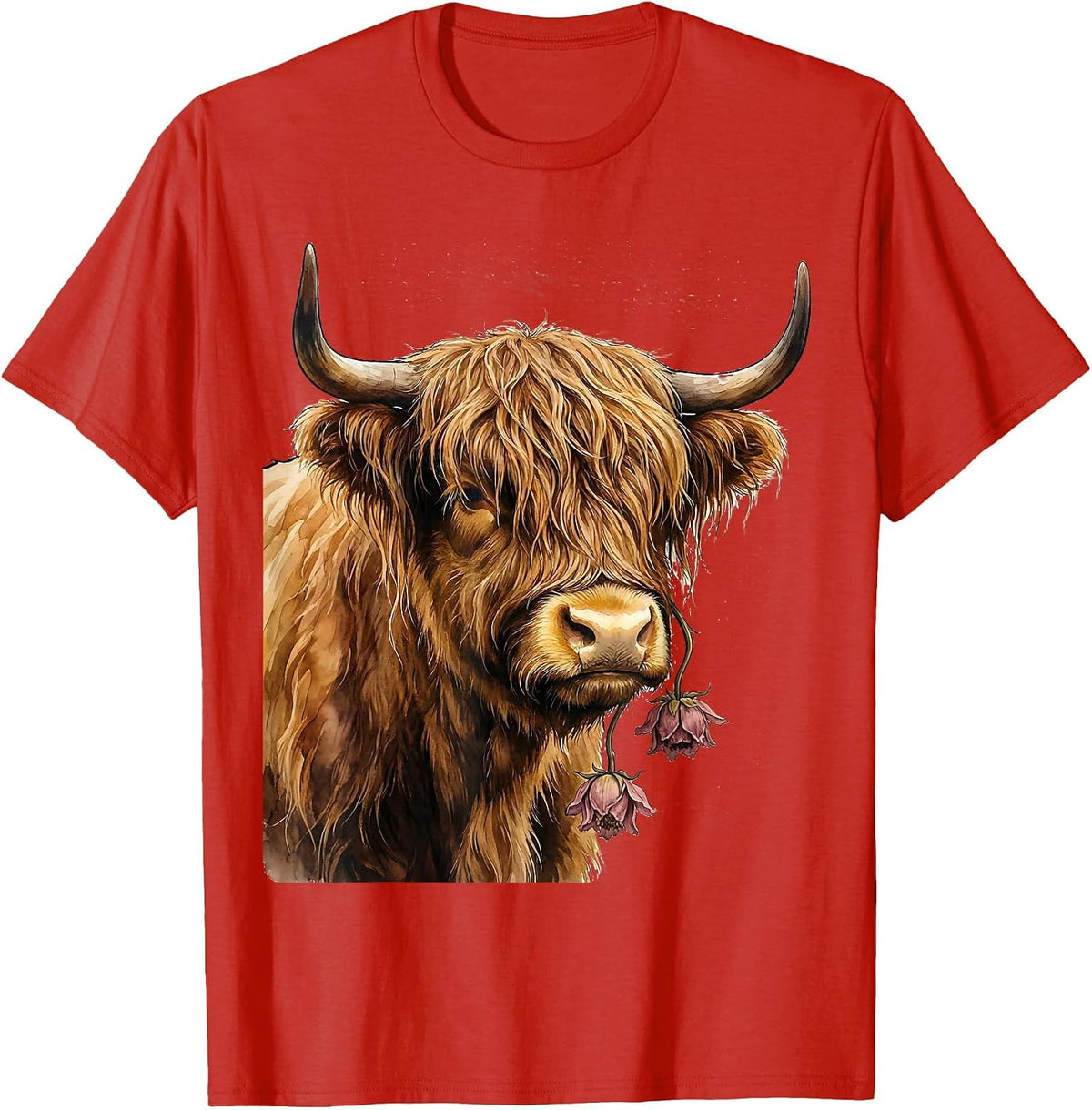 Highland Cow Bust Watercolor Cute Floral Cow Lover T-Shirt - Red