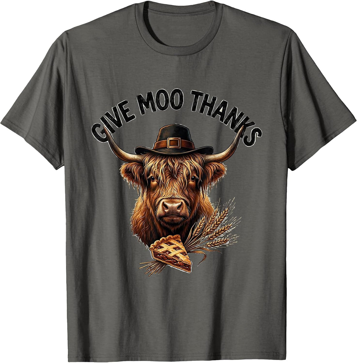 Give Moo Thanks Funny Highland Cow Holiday Humor T-Shirt - Asphalt Grey