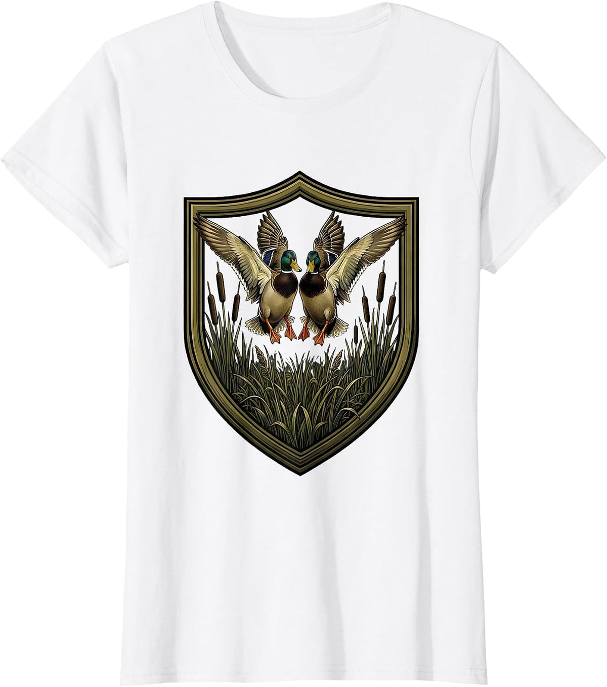 Duck Camo Hovering Ducks Foggy Marsh Illustration T-Shirt - White
