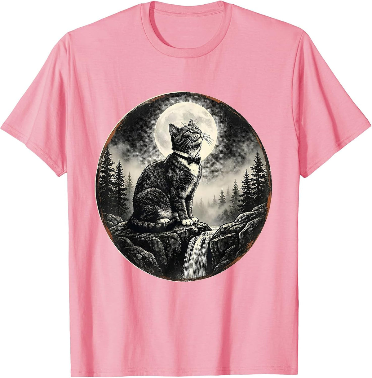 Men's Tuxedo Cat Howling at Moon Vintage Retro T-Shirt - Pink