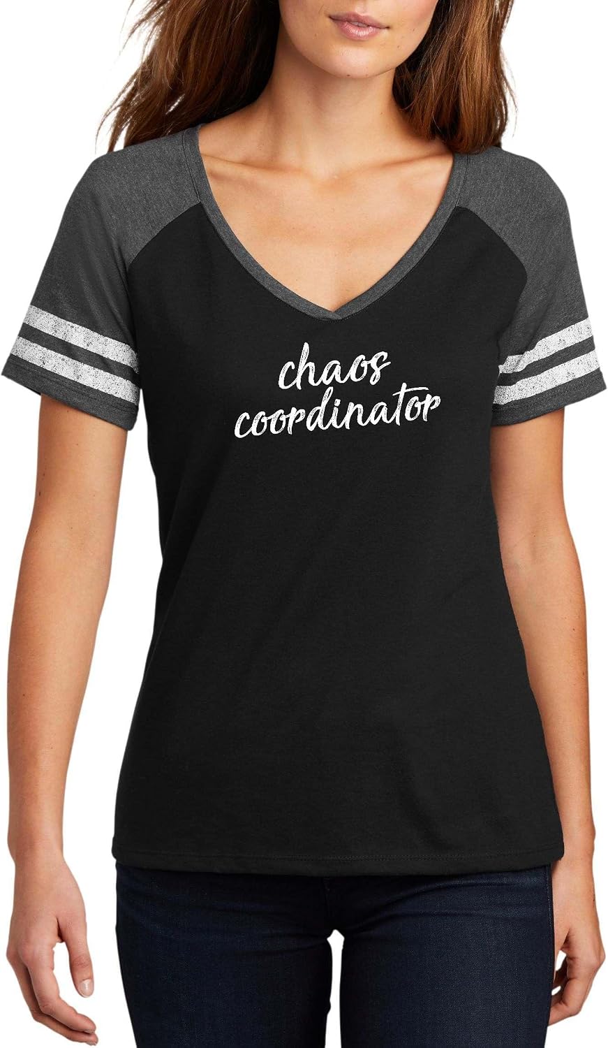 Chaos Coordinator Funny Sarcastic Quote Top Ladies Game Day V-Neck Tee - Ladies V-Neck Black\/Heathered Charcoal