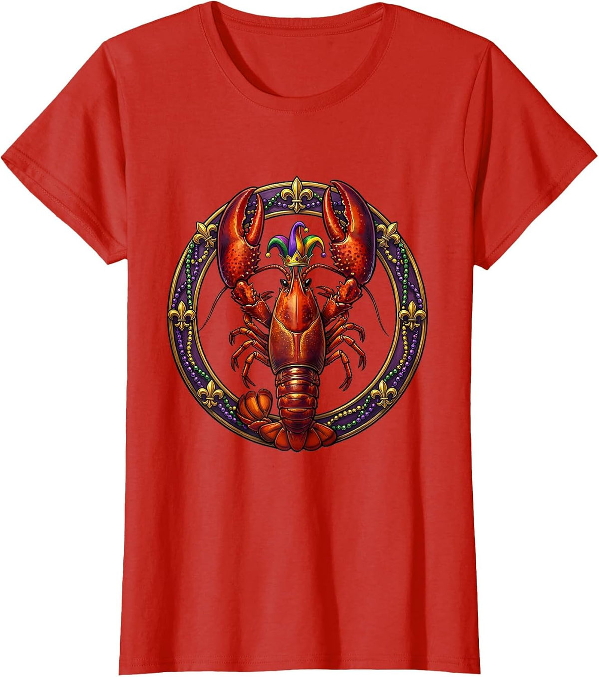 Women's Mardi Gras Crawfish Jester Crown Illustration T-Shirt - Red